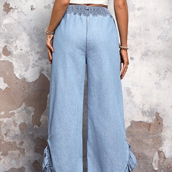 Light Wash Casual Women's High Waist Ruffle Hem Wide Leg Jeans - Picture 3 of 6